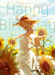 Rule 34 | 1girl, ahoge, bad id, bad pixiv id, blue sky, blurry, blurry background, blush, character name, cloud, day, dress, emma (yakusoku no neverland), closed eyes, facing viewer, flower, happy, happy birthday, hat, highres, mau sakura, neck tattoo, number tattoo, orange hair, outstretched hand, petals, short hair, sky, smile, solo, standing, straw hat, sun hat, sunflower, tattoo, white dress, yakusoku no neverland
