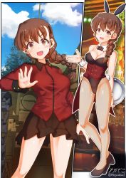 1girl, animal ears, aquaegg, black footwear, black leotard, black skirt, blush, bow, bowtie, braid, braided ponytail, breasts, brown eyes, brown hair, bunny ears, cleavage, eyebrows visible through hair, fake animal ears, full body, girls und panzer, groin, ground vehicle, highres, indoors, large breasts, leotard, looking at viewer, military, military uniform, military vehicle, miniskirt, motor vehicle, multiple views, open mouth, outdoors, playboy bunny, playboy bunny leotard, ponytail, rukuriri (girls und panzer), shiny, shiny hair, shiny skin, skirt, sky, smile, st. gloriana&#039;s military uniform, tank, uniform