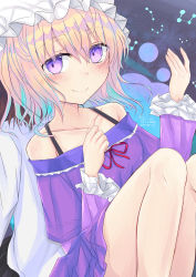 Rule 34 | 1girl, absurdres, adapted costume, blonde hair, blush, closed mouth, dark background, dress, feet out of frame, hair between eyes, hands up, hat, highres, knees up, light particles, maribel hearn, mob cap, off-shoulder shirt, off shoulder, purple background, purple dress, purple eyes, red ribbon, ribbon, shirt, short hair, simple background, sitting, smile, solo, teruteruyohou, thighs, touhou, white hat