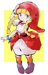 Rule 34 | 1girl, blonde hair, blue eyes, boots, bracelet, braid, closed mouth, commentary, dragon quest, dragon quest xi, dress, full body, hand on own head, hat, jamir, jewelry, long hair, orange socks, pigeon-toed, puffy short sleeves, puffy sleeves, purple footwear, red hat, short sleeves, smile, socks, solo, standing, twin braids, veronica (dq11), white dress