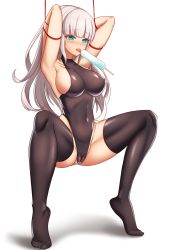 Rule 34 | 1girl, areola slip, bad id, bad pixiv id, bdsm, black thighhighs, blue eyes, blunt bangs, bodysuit, cameltoe, covered collarbone, daydream (zhdkffk21), dungeon and fighter, embarrassed, artistic error, food, full body, grey hair, half-closed eyes, halterneck, highleg, highleg leotard, highres, latex, legs apart, leotard, licking, narrow waist, popsicle, simple background, skin tight, thighhighs, tiptoes, white background, white hair