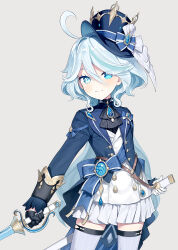 Rule 34 | 1girl, ahoge, ascot, asymmetrical gloves, black ascot, black gloves, black shirt, blue bow, blue eyes, blue hair, blue headwear, blue jacket, bow, capriccio, commentary request, dress, frilled dress, frills, furina (genshin impact), genshin impact, gloves, grey background, grey hair, grey thighhighs, hair between eyes, half gloves, heterochromia, holding, holding sword, holding weapon, jacket, long hair, long sleeves, mismatched gloves, open clothes, open jacket, shirt, simple background, solo, striped clothes, striped thighhighs, sword, thighhighs, tilted headwear, vertical-striped clothes, vertical-striped thighhighs, weapon, white dress, white gloves