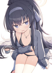 Rule 34 | 1girl, bare legs, bikini, black bikini, black hair, blue archive, blue eyes, blue hairband, blush, breasts, cardigan, cup, hairband, halo, highres, ice, ice cube, jewelry, long hair, long sleeves, looking at viewer, necklace, official alternate costume, ponytail, simple background, single bare shoulder, sitting, small breasts, solo, swimsuit, thigh gap, topia, ui (blue archive), ui (swimsuit) (blue archive), very long hair, white background