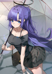 Rule 34 | 1girl, absurdres, alternate costume, bag, black shirt, black skirt, blue archive, breasts, cleavage, closed mouth, cowboy shot, halo, highres, holding, holding umbrella, large breasts, long hair, looking at viewer, mechanical halo, pleated skirt, ponytail, purple eyes, purple hair, sakanafish, shirt, shoulder bag, skirt, solo, umbrella, yuuka (blue archive)