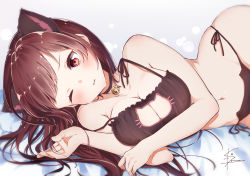 Rule 34 | animal ears, bell, black panties, blush, breasts, brown hair, cat lingerie, choker, cleavage, cleavage cutout, closed mouth, clothing cutout, frills, girls&#039; frontline, jingle bell, kodama (koda mat), large breasts, long hair, lying, meme attire, navel, on bed, on side, one eye closed, panties, red eyes, signature, simple background, spaghetti strap, strap slip, string panties, underwear, wa2000 (girls&#039; frontline), wide hips
