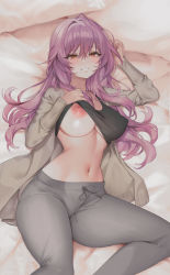 Rule 34 | 1girl, bed, bed sheet, black shirt, breasts, brown eyes, cardigan, cleavage, clothes lift, crop top, highres, hiiragi shinoa, large areolae, large breasts, long hair, looking at viewer, lying, navel, nipples, on back, owari no seraph, pants, parted lips, pillow, purple hair, shirt, shirt lift, smile, solo, thick thighs, thighs, yoga pants, yuunoaboi21
