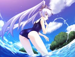 Rule 34 | 1girl, 5pb., ass, bent over, blue eyes, blue hair, bou (inubou), cloud, day, game cg, highres, long hair, looking back, matching hair/eyes, muv-luv, muv-luv altered fable, one-piece swimsuit, ponytail, ribbon, school swimsuit, sky, solo, splashing, swimsuit, twintails, very long hair, wading, water, white hair, yashiro kasumi
