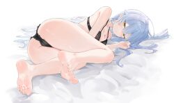 Rule 34 | 1girl, absurdres, ass, barefoot, blue hair, bra, feet, highres, light blush, long hair, looking at viewer, lying, on side, panties, parted lips, soles, toes, underwear, yellow eyes