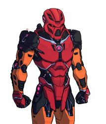 Rule 34 | absurdres, arms at sides, bionicle, clenched hands, cowboy shot, highres, humanoid robot, kanohi (bionicle), mekrani, piston, red eyes, robot, simple background, solo, standing, tahu (bionicle), the lego group, white background
