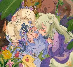 Rule 34 | 2girls, animal ears, bang dream!, bang dream! it&#039;s mygo!!!!!, blue hair, blue ribbon, blush, closed eyes, commentary, dog, dog ears, dress, flower, grass, green flower, green hair, hair ornament, hairclip, hashtag-only commentary, highres, holding, holding flower, kemonomimi mode, kita no shinya, koala, leaf, long hair, long sleeves, looking at another, lying, mouse (animal), multiple girls, neck ribbon, on back, on side, outdoors, parted lips, pink flower, purple dress, ribbon, shirt, sleeping, squirrel, togawa sakiko, wakaba mutsumi, yellow bird, yellow eyes, yellow shirt