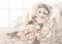 Rule 34 | 1girl, ahoge, bare shoulders, barefoot, bed, between legs, black dress, breasts, choker, dress, feet, hairband, heart, heart ahoge, knees up, legs, lolita hairband, long hair, lying, niliu chahui, on side, original, pillow, red eyes, ribbon, silver hair, soles, solo, strapless, strapless dress, thighs, toes, tokisaki mio (niliu chahui), two side up, very long hair, window