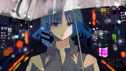 Rule 34 | 1girl, asymmetrical hair, blue hair, bocchi the rock!, city, collared shirt, commentary request, earrings, expressionless, green eyes, grey shirt, hair ornament, hairclip, highres, holding, holding umbrella, htnn111, jewelry, looking at viewer, medium hair, mole, mole under eye, night, open collar, outdoors, parted lips, rain, shirt, solo, stud earrings, umbrella, upper body, white umbrella, yamada ryo