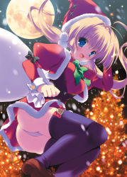 Rule 34 | 1girl, :d, bag, bell, black thighhighs, blonde hair, blue eyes, bow, breasts, buttons, christmas, dress, full moon, hat, loafers, long hair, long sleeves, mikeou, moon, night, night sky, open mouth, original, panties, pantyshot, santa claus, santa costume, santa hat, shoes, sky, smile, solo, star (symbol), thighhighs, twintails, underwear, white panties
