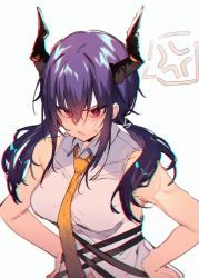 Rule 34 | 1girl, absurdres, anger vein, angry, arknights, blue hair, ch&#039;en (arknights), commentary, dragon horns, hands on own hips, highres, horns, long hair, low twintails, necktie, open mouth, orange neckwear, red eyes, shirt, simple background, sleeveless, soukou makura, spoken anger vein, sweatdrop, symbol-only commentary, twintails, white background, white shirt