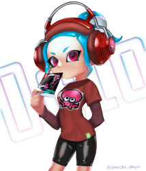 Rule 34 | 1girl, aqua hair, arm behind back, bike shorts, black footwear, closed mouth, commentary, cowboy shot, emblem, english text, headphones, highres, holding, layered sleeves, light frown, long sleeves, looking at viewer, meta, nintendo, octoling, octoling girl, octoling player character, octopus, puchiman, red eyes, red shirt, shirt, short hair, short over long sleeves, short ponytail, short sleeves, solo, splatoon (series), splatoon 2, splatoon 2: octo expansion, standing, t-shirt, tentacle hair, twitter username, white background