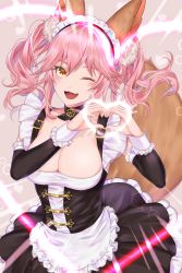 Rule 34 | 1girl, alternate costume, animal ear fluff, animal ears, apron, azaka (rionrita), blush, breasts, cleavage, collarbone, commentary, commentary request, enmaided, fang, fate/extra, fate (series), fox ears, fox girl, frills, heart, heart-shaped pupils, heart hands, highres, large breasts, looking at viewer, maid, maid apron, maid headdress, official alternate costume, one eye closed, open mouth, pink hair, skin fang, smile, solo, symbol-shaped pupils, tail, tamamo (fate), tamamo no mae (fate/extra), tamamo no mae (tailmaid strike) (fate), twintails, waist apron, yellow eyes