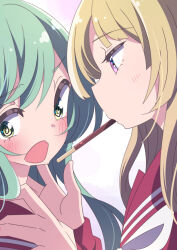 Rule 34 | 2girls, @ @, assault lily, blonde hair, blush, closed mouth, commentary request, face-to-face, food, food in mouth, from side, gradient background, green eyes, green hair, hands on another&#039;s shoulders, hands up, honkawa works, kanba girls high school uniform, long hair, long sleeves, looking at another, looking away, looking to the side, miyagawa takane, mouth hold, multiple girls, neckerchief, open mouth, pocky, pocky in mouth, pocky kiss, portrait, profile, purple background, purple eyes, red sailor collar, red shirt, sailor collar, school uniform, serafuku, shared food, shirt, sidelocks, toki kureha, wavy mouth, white background, white neckerchief, yuri