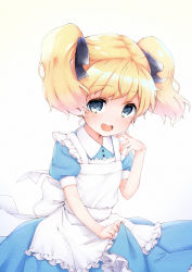 Rule 34 | 1girl, :d, alice cartelet, alternate costume, apron, blonde hair, blue dress, blue eyes, blue ribbon, blush, dress, enmaided, frilled apron, frills, hair ribbon, hand up, highres, kasehk, kin-iro mosaic, looking at viewer, maid, open mouth, puffy short sleeves, puffy sleeves, ribbon, round teeth, short sleeves, smile, solo, tareme, teeth, twintails, wavy hair