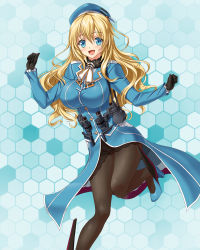 Rule 34 | 10s, 1girl, atago (kancolle), beret, black gloves, black pantyhose, blonde hair, blush, breasts, gloves, green eyes, hat, high heels, hobenkei, kantai collection, large breasts, long hair, looking at viewer, military, military uniform, open mouth, pantyhose, personification, smile, solo, swimsuit, uniform