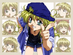 Rule 34 | angry, backwards hat, blonde hair, breasts, confused, desire (c&#039;s ware), green eyes, hat, long hair, multiple views, pointing, ribbon, shorts, small breasts, smile, surprised, tajima nao, tina (desire), very long hair