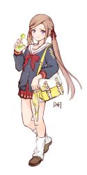 Rule 34 | 1girl, absurdres, aged down, alternate costume, bag, black cardigan, brown footwear, brown hair, cardigan, commentary, contemporary, cup, da-cart, drinking glass, edelgard von hresvelg, fire emblem, fire emblem: three houses, full body, hair ribbon, hand up, highres, holding, holding cup, long hair, loose socks, miniskirt, nintendo, purple eyes, red neckwear, red ribbon, red skirt, ribbon, sailor collar, school bag, school uniform, shoes, simple background, skirt, socks, solo, standing, twintails, very long hair, white background, white footwear, white sailor collar