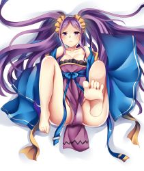 Rule 34 | 1girl, bare shoulders, barefoot, blush, breasts, cleavage, fate/grand order, fate (series), feet, hair ornament, highres, purple eyes, purple hair, twintails, very long hair, wu zetian (fate)