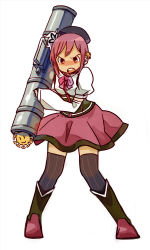 Rule 34 | 1girl, angry, arm warmers, boots, bow, cosplay, full body, m1 bazooka, magical girl, mahou shoujo madoka magica, mahou shoujo madoka magica (anime), nd, nichijou, parody, pink eyes, pink hair, rocket launcher, short hair, simple background, skirt, solo, striped clothes, striped thighhighs, sun, tachibana misato, thighhighs, tomoe mami, tomoe mami (cosplay), vertical-striped clothes, vertical-striped thighhighs, weapon