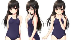 Rule 34 | 1girl, arm behind back, bishoujo (game), black hair, blue one-piece swimsuit, blush, brown eyes, competition school swimsuit, long hair, multiple views, nonohara miki, one-piece swimsuit, school swimsuit, swimsuit, tachibana kyouka, transparent background