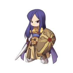 Rule 34 | 1girl, 2000s (style), armor, armored boots, blue shirt, boobplate, boots, breastplate, brown skirt, cape, chibi, closed mouth, cross, crusader (ragnarok online), frown, full body, gauntlets, holding, holding shield, holding sword, holding weapon, long hair, long sleeves, looking at viewer, official art, pants, pauldrons, purple cape, purple eyes, purple hair, ragnarok online, shield, shirt, shoulder armor, simple background, skirt, solo, standing, sword, tachi-e, transparent background, v-shaped eyebrows, weapon, yuichirou