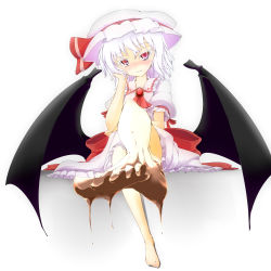 Rule 34 | 1girl, barefoot, blush, chocolate, demon wings, feet, foot focus, hat, highres, looking at viewer, parted lips, pov, red eyes, remilia scarlet, silver hair, sitting, soles, toes, touhou, wings