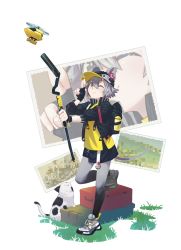 Rule 34 | 1girl, animal ear fluff, animal ears, arknights, backpack, bag, black gloves, black jacket, black skirt, blue eyes, cat, click (arknights), commentary request, drone, fingerless gloves, full body, gloves, gradient legwear, grey footwear, grey hair, grey pantyhose, highres, holding, holding staff, jacket, mouse ears, mouse girl, mouse tail, oinu (magrosuki), one eye closed, open clothes, open jacket, pantyhose, shirt, shoes, short hair, single glove, skirt, smile, solo, staff, tail, yellow shirt