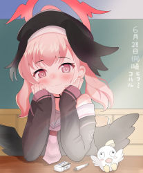 Rule 34 | 1girl, absurdres, black hat, blue archive, blush, board eraser, chalkboard, classroom, commentary request, halo, hat, head wings, highres, kannagi (fate55), koharu (blue archive), looking at viewer, pink eyes, pink hair, red halo, school uniform, short twintails, sitting, solo, stuffed toy, swimsuit, translation request, twintails, winged hat, wings