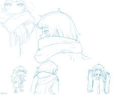 Rule 34 | 1girl, ahoge, chibi, coat, from behind, hands on own hips, highres, hiyajou maho, long hair, menomorute, messy hair, monochrome, profile, scarf, scarf over mouth, sketch, smile, solo, steins;gate, steins;gate 0, tagme, very long hair