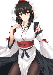 Rule 34 | 1girl, absurdres, black hair, breasts, commentary request, cowboy shot, hair between eyes, hat, highres, japanese clothes, kimono, kourindou tengu costume, large breasts, looking at viewer, medium hair, pantyhose, pom pom (clothes), red eyes, shameimaru aya, simple background, smile, solo, tokin hat, touhou, white background, wide sleeves, wuwusan