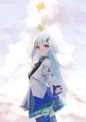 Rule 34 | 1girl, absurdres, animal, animal on head, armband, blue hair, blue neckwear, blue skirt, blue thighhighs, breasts, closed mouth, cloud, cloudy sky, cowboy shot, day, highres, jacket, lize helesta, long hair, long sleeves, looking at viewer, looking to the side, multicolored hair, nijisanji, ogura tubuan, on head, outdoors, red eyes, safety pin, sebastian piyodore, see-through, shirt, skirt, sky, sleeves past wrists, small breasts, smile, thighhighs, two-tone hair, very long hair, virtual youtuber, white hair, white jacket, white shirt