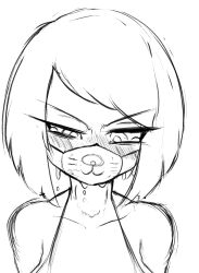Rule 34 | 1girl, bare shoulders, bikini, blush, bob cut, collarbone, covered mouth, drooling, female focus, fir3born, greyscale, half-closed eyes, highres, mask, monochrome, mouth mask, nose blush, original, portrait, saliva, short hair, sidelocks, simple background, sketch, solo, straight-on, string bikini, surgical mask, swept bangs, swimsuit, tears, uneven eyes, v-shaped eyebrows, white background