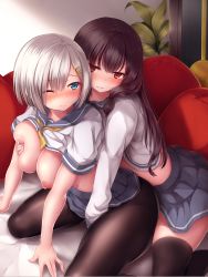 Rule 34 | 10s, 2girls, arm support, between legs, black hair, black legwear, blue eyes, blush, grabbing another&#039;s breast, breasts, closed mouth, clothes lift, commentary request, deep skin, eyes visible through hair, grabbing, hair ornament, hair ribbon, hairclip, hamakaze (kancolle), hand between legs, highres, indoors, isokaze (kancolle), kantai collection, large breasts, long hair, looking at another, multiple girls, neckerchief, nicoby, nipples, no bra, one eye closed, pantyhose, parted lips, pillow, plant, pleated skirt, red eyes, red ribbon, ribbon, school uniform, serafuku, shirt lift, short hair, short sleeves, silver hair, sitting, skirt, thighhighs, tress ribbon, wariza, yellow neckerchief, yuri