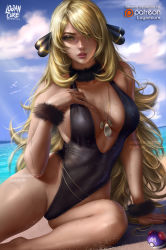 Rule 34 | 1girl, artist name, beach, blonde hair, blue sky, breasts, breasts apart, cameltoe, chain, chain necklace, cloud, creatures (company), cynthia (pokemon), day, eyelashes, feet, fur collar, fur trim, game freak, hair ornament, hair over one eye, half-closed eyes, hand on own chest, highleg, highleg swimsuit, highres, jewelry, large breasts, leaning to the side, lips, logan cure, long hair, looking at viewer, master ball, necklace, nintendo, nose, ocean, one-piece swimsuit, outdoors, poke ball, pokemon, pokemon dppt, sitting, sky, sleeveless, solo, swimsuit, thighs, very long hair, watermark, wavy hair, web address, wet, yellow eyes