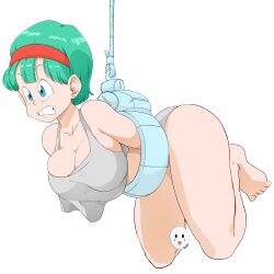 Rule 34 | 1girl, 2023, absurdres, aqua hair, arms behind back, bare arms, bare legs, barefoot, blue eyes, blush, bound, breasts, bulma, caisama, clenched teeth, closed mouth, curvy, dated, dragon ball, dragonball z, earrings, female focus, grey panties, grey tank top, groin, hairband, highres, holding, jewelry, large breasts, lying, medium hair, panties, red hairband, restrained, shiny skin, short hair, signature, solo, tank top, teeth, thick thighs, thighs, transparent background, underboob, underwear, underwear only, wide hips