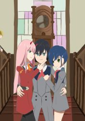 Rule 34 | 10s, 2boys, 2girls, black hair, blonde hair, blue eyes, couple, darling in the franxx, fringe trim, glasses, gorou (darling in the franxx), green eyes, hair ornament, hairclip, hand on another&#039;s chest, hand on another&#039;s face, hands on another&#039;s hips, hetero, highres, hiro (darling in the franxx), horns, ichigo (darling in the franxx), long hair, long sleeves, looking at another, looking at viewer, military, military uniform, multiple boys, multiple girls, necktie, oni horns, orange neckwear, pink hair, red horns, red neckwear, short hair, uniform, xhype, zero two (darling in the franxx)