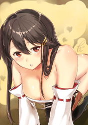 Rule 34 | 10s, 1girl, black hair, black thighhighs, blush, boots, breasts, brown eyes, cleavage, commentary request, detached sleeves, hair between eyes, hair ornament, hairband, hairclip, haruna (kancolle), japanese clothes, kantai collection, large breasts, long hair, nontraditional miko, poco (backboa), ribbon-trimmed sleeves, ribbon trim, sarashi, solo, thigh boots, thighhighs