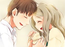 Rule 34 | 1boy, 1girl, :d, ^ ^, arm grab, blonde hair, blush, brown hair, chibikko (morihito), closed eyes, commentary request, couple, closed eyes, facing another, fingernails, forehead-to-forehead, happy, heads together, light brown background, long hair, long sleeves, morihito, nail polish, open mouth, original, pink nails, profile, shirt, sideways mouth, simple background, sleeves past wrists, smile, sweater, thick eyebrows, upper body, white shirt, yellow sweater