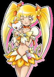 Rule 34 | 10s, 1girl, bow, brooch, cure sunshine, heart, heart brooch, heartcatch precure!, jewelry, long hair, magical girl, myoudouin itsuki, official style, one eye closed, orange skirt, potpourri (heartcatch precure!), precure, shadow, skirt, transparent background, twintails, very long hair, white background, wink, yellow bow, yellow eyes, yukkyun