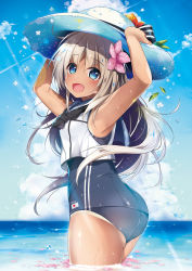 Rule 34 | 1girl, ass, bare shoulders, blonde hair, blue eyes, blue sky, blush, breasts, cloud, commentary request, crop top, day, fang, flower, hair between eyes, hair flower, hair ornament, hat, hirai yuzuki, holding, horizon, kantai collection, leaf, long hair, looking at viewer, looking back, ocean, one-piece swimsuit, one-piece tan, open mouth, outdoors, ro-500 (kancolle), sailor collar, school swimsuit, sky, small breasts, smile, solo, standing, sun hat, swimsuit, swimsuit under clothes, tan, tanline, wading, water