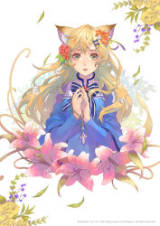 Rule 34 | 1girl, animal ears, artist name, bad id, bad pixiv id, blonde hair, bow, dress, flower, green eyes, hair bow, hair flower, hair ornament, leaf, lily (flower), long hair, original, own hands together, parted lips, plant, rosary, solo, tob, watermark, web address