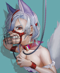 Rule 34 | 1girl, angry, animal collar, animal ears, bare shoulders, blue background, breasts, chain, chain leash, claw pose, cleavage, collar, collarbone, commentary request, cropped torso, cuffs, dog ears, dog tail, fingernails, fox tail, frilled shirt, frills, grey hair, grin, highres, leash, medium breasts, mitsugashira enoko, multicolored hair, muzzle, nail polish, off-shoulder shirt, off shoulder, purple hair, purple shirt, red collar, red eyes, red nails, shackles, shadow, shirt, smile, tail, touhou, upper body, user pmup2577, v-shaped eyebrows