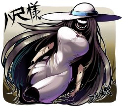 Rule 34 | 1girl, 2channel, artist name, breasts, brown hair, character name, hasshaku-sama, hat, hat over eyes, horror (theme), large breasts, long hair, open mouth, sido (slipknot), solo, sun hat, teeth, very long hair, white hat