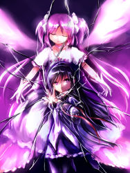Rule 34 | 10s, 2girls, akemi homura, black hair, bow, broken glass, closed eyes, dress, glass, gloves, hair bow, hairband, highres, kaname madoka, long hair, looking at viewer, magical girl, mahou shoujo madoka magica, mahou shoujo madoka magica (anime), multiple girls, outstretched arms, pink hair, purple eyes, radical red, shield, smile, spoilers, spread arms, two side up, ultimate madoka, very long hair, white dress, white gloves, wings