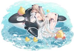 Rule 34 | 1girl, anchorage (azur lane), anchorage (dolphins and swim lessons) (azur lane), ass, azur lane, bandaid, bare shoulders, beach, bikini, bird, black bow, black ribbon, blush, bow, breast press, breasts, cellphone, feet, frills, full body, hair between eyes, hair bow, hair ornament, hair ribbon, highres, inflatable orca, inflatable toy, innertube, jacket, lal!role, large breasts, legs, light brown hair, long hair, long sleeves, looking at viewer, looking back, lying, manjuu (azur lane), non-web source, ocean, official alternate costume, official art, on stomach, open mouth, orca, outdoors, palm leaf, palm tree, phone, purple eyes, ribbon, rubber duck, see-through, see-through jacket, side-tie bikini bottom, sideboob, smartphone, smile, surfboard, swim ring, swimsuit, thighhighs, thighs, toes, topless, tree, twintails, very long hair, water, wet, white bikini, white jacket, white thighhighs