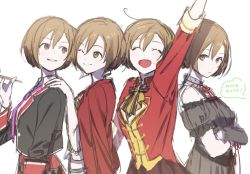 Rule 34 | 25-ji meiko, 4girls, bad id, bad twitter id, band uniform, bare shoulders, black dress, black jacket, black skirt, brown eyes, brown hair, closed eyes, dress, expressionless, from side, grin, hands on another&#039;s shoulders, highres, jacket, jacket on shoulders, leo/need meiko, meiko (vocaloid), multiple girls, multiple persona, neck ribbon, one eye closed, open mouth, project sekai, red jacket, ribbon, sasasa (sk45pskm), short hair, skirt, smile, speech bubble, standing, upper body, vivid bad squad meiko, vocaloid, white background, wonderlands x showtime meiko